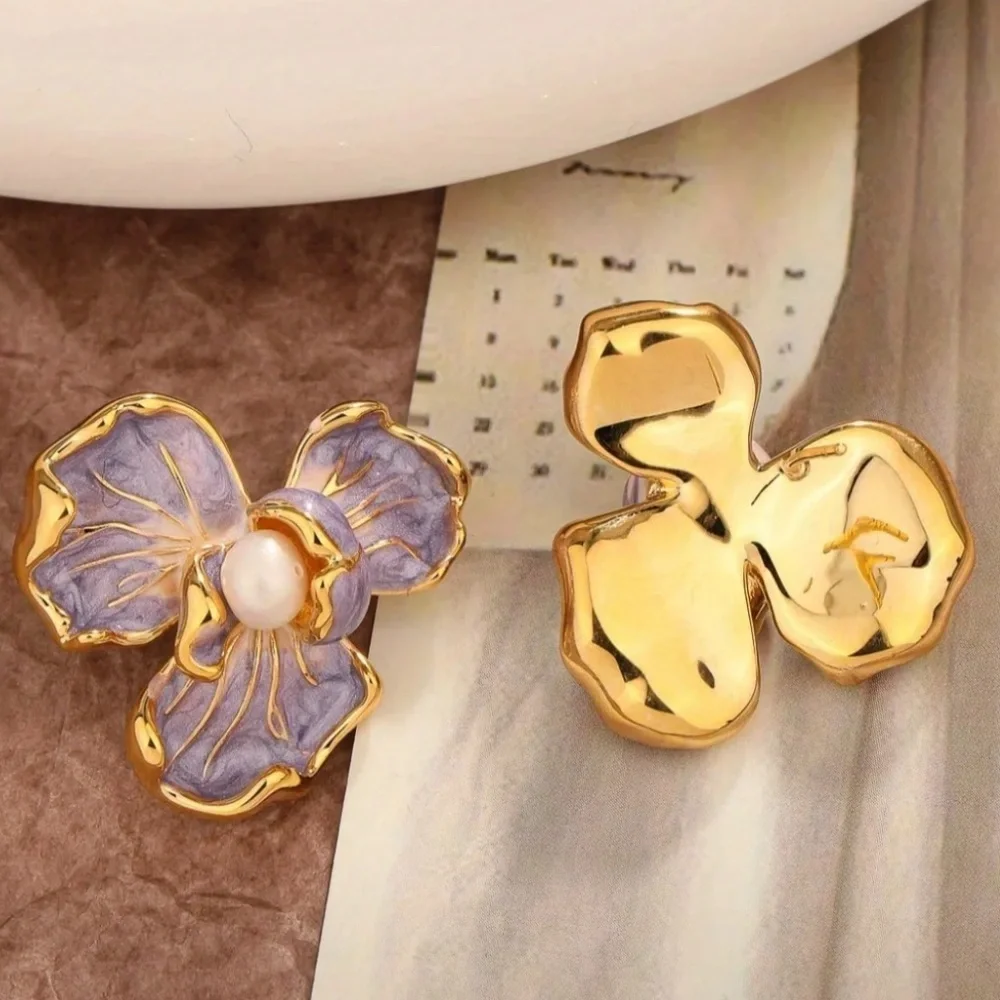 Gold Enamel Flower Earrings Faux Pearl French Vintage Style NWT